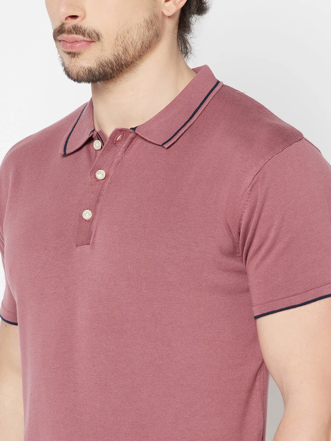 Men's Mauve  Polo neck Half Sleeve Flatknit T-Shirt