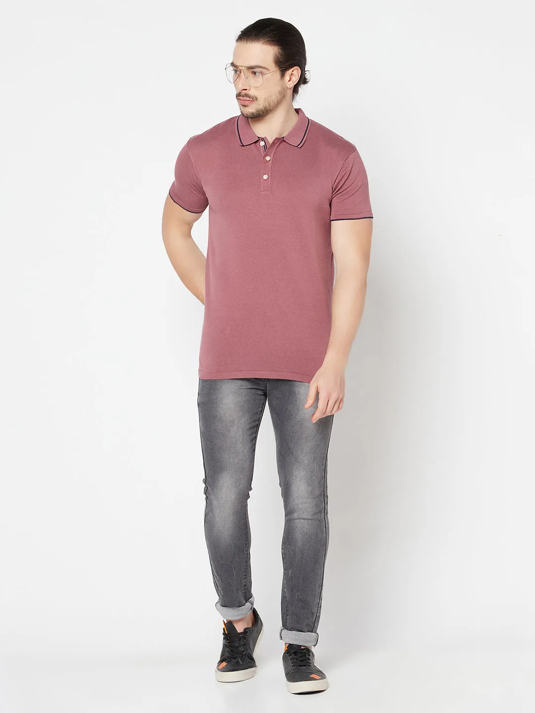 Men's Mauve  Polo neck Half Sleeve Flatknit T-Shirt