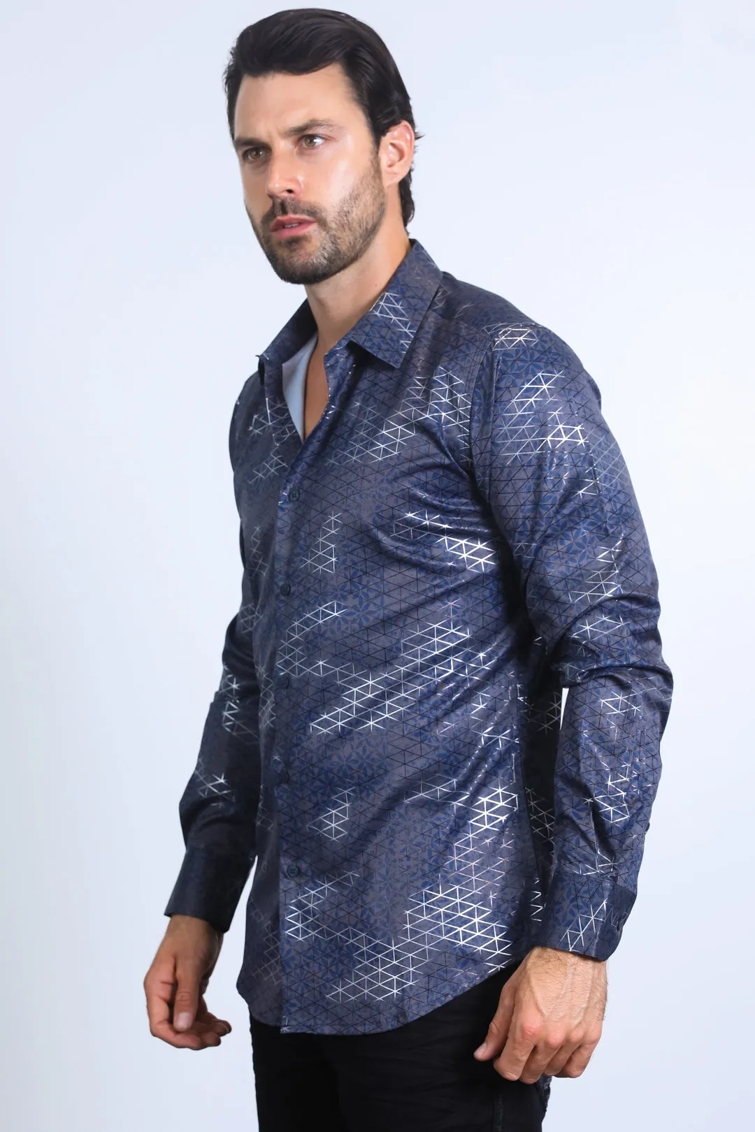 Mens Modern Fit Stretch Foil Fashion Grey Shirt