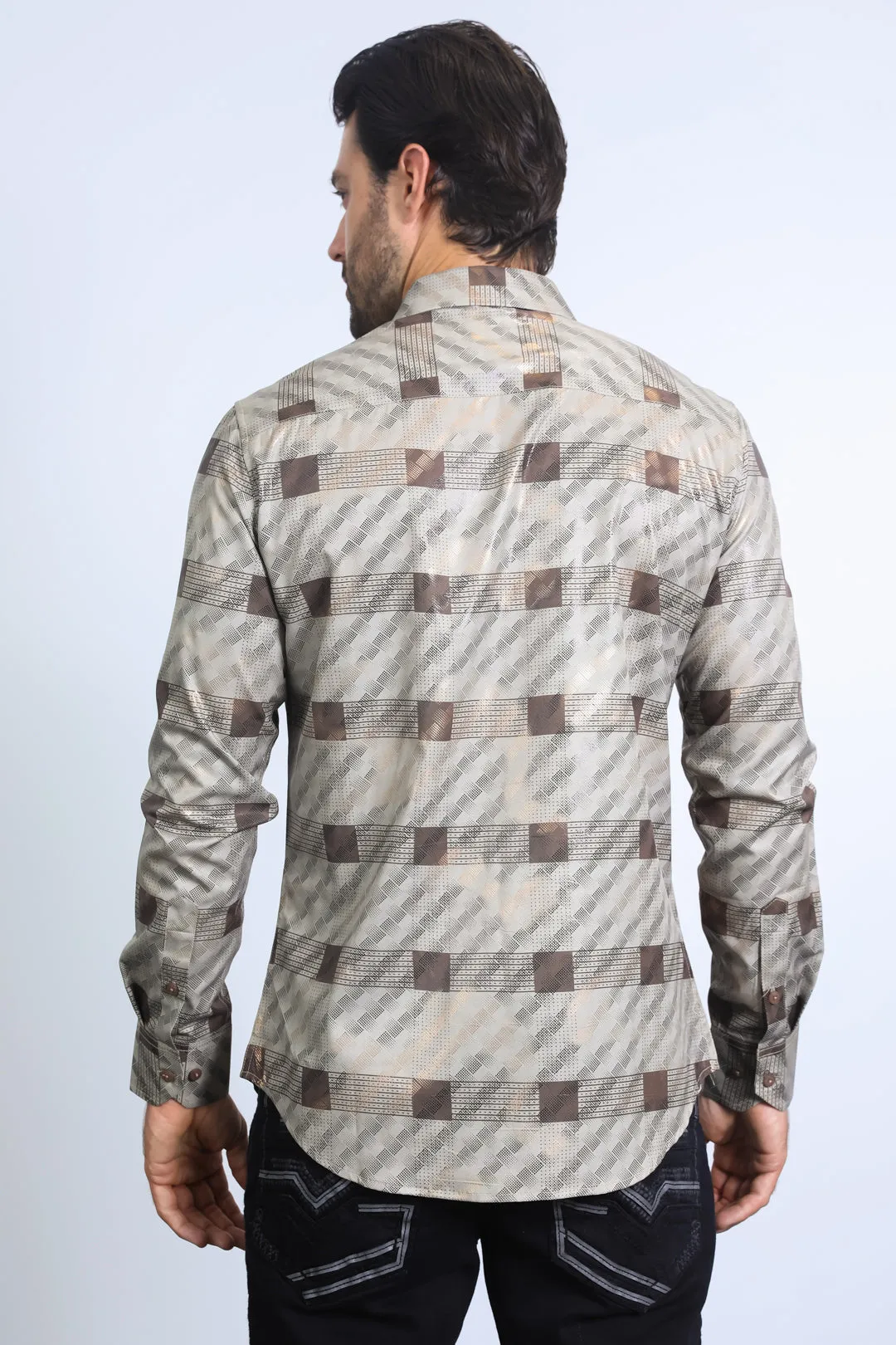 Mens Modern Fit Stretch Foil Fashion Khaki Shirt