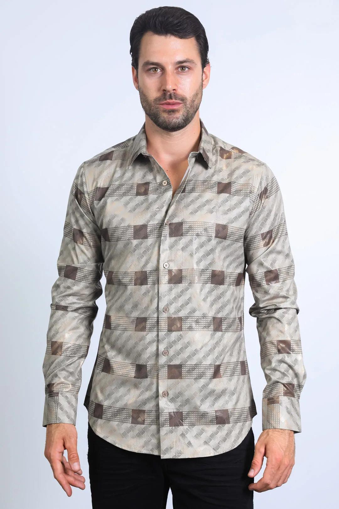 Mens Modern Fit Stretch Foil Fashion Khaki Shirt