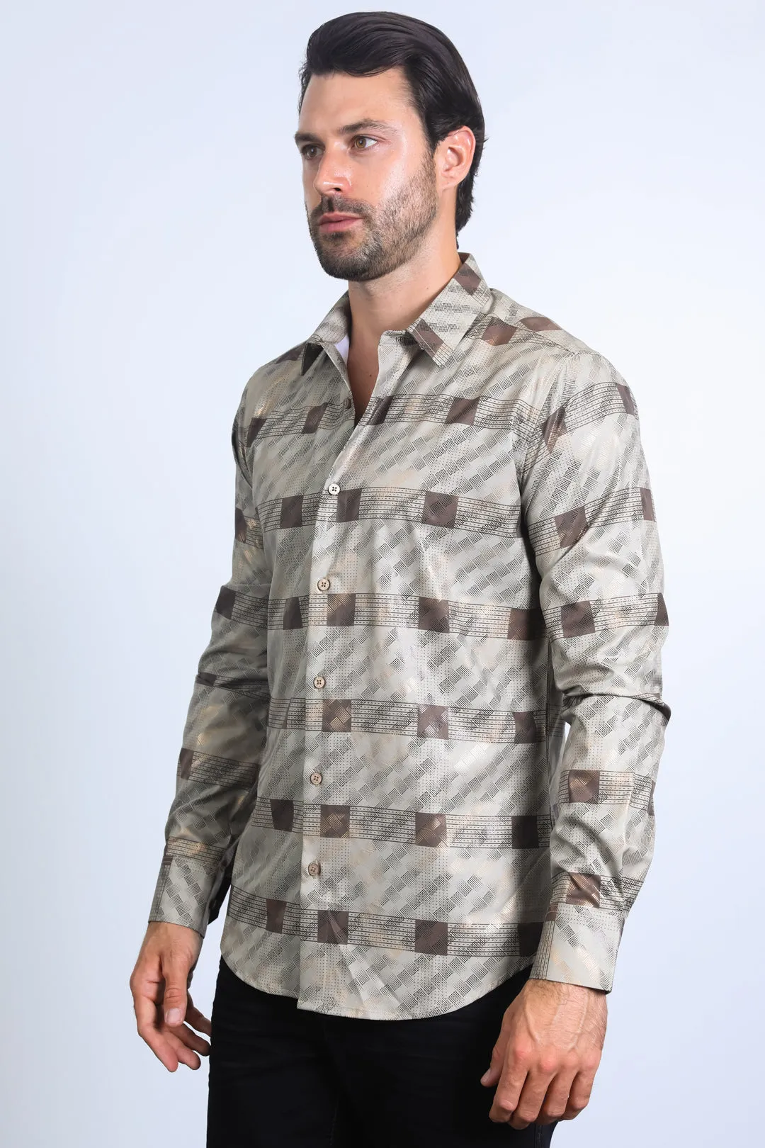 Mens Modern Fit Stretch Foil Fashion Khaki Shirt