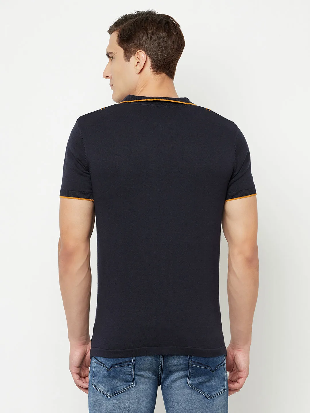 Men's Navy Blue Vertical Stripe Polo neck Half Sleeve Flatknit T-Shirt