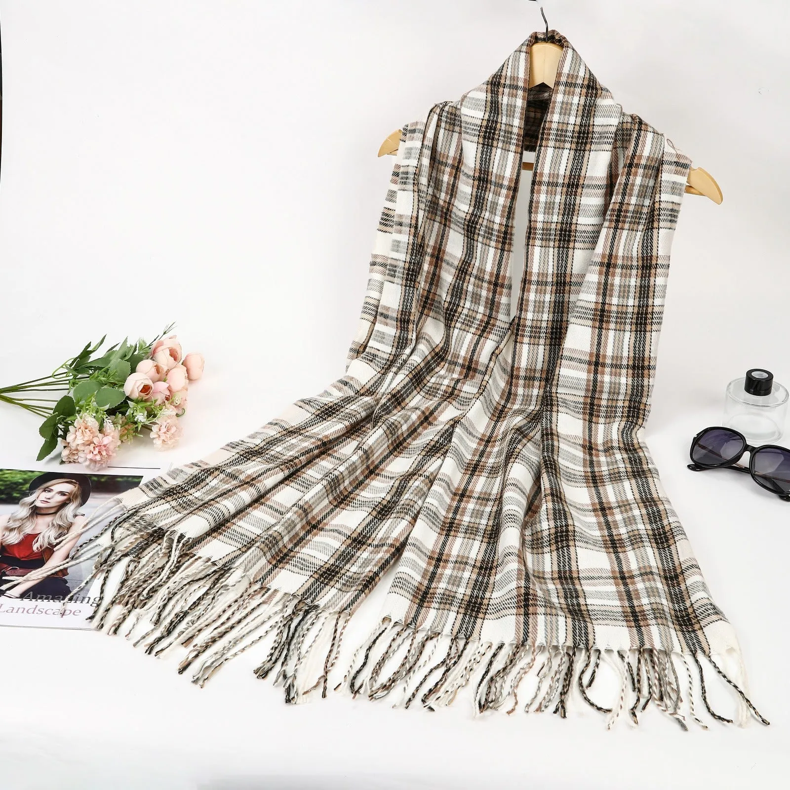 New Women Small Check Prints Winter Warm Viscose Fashion Scarf