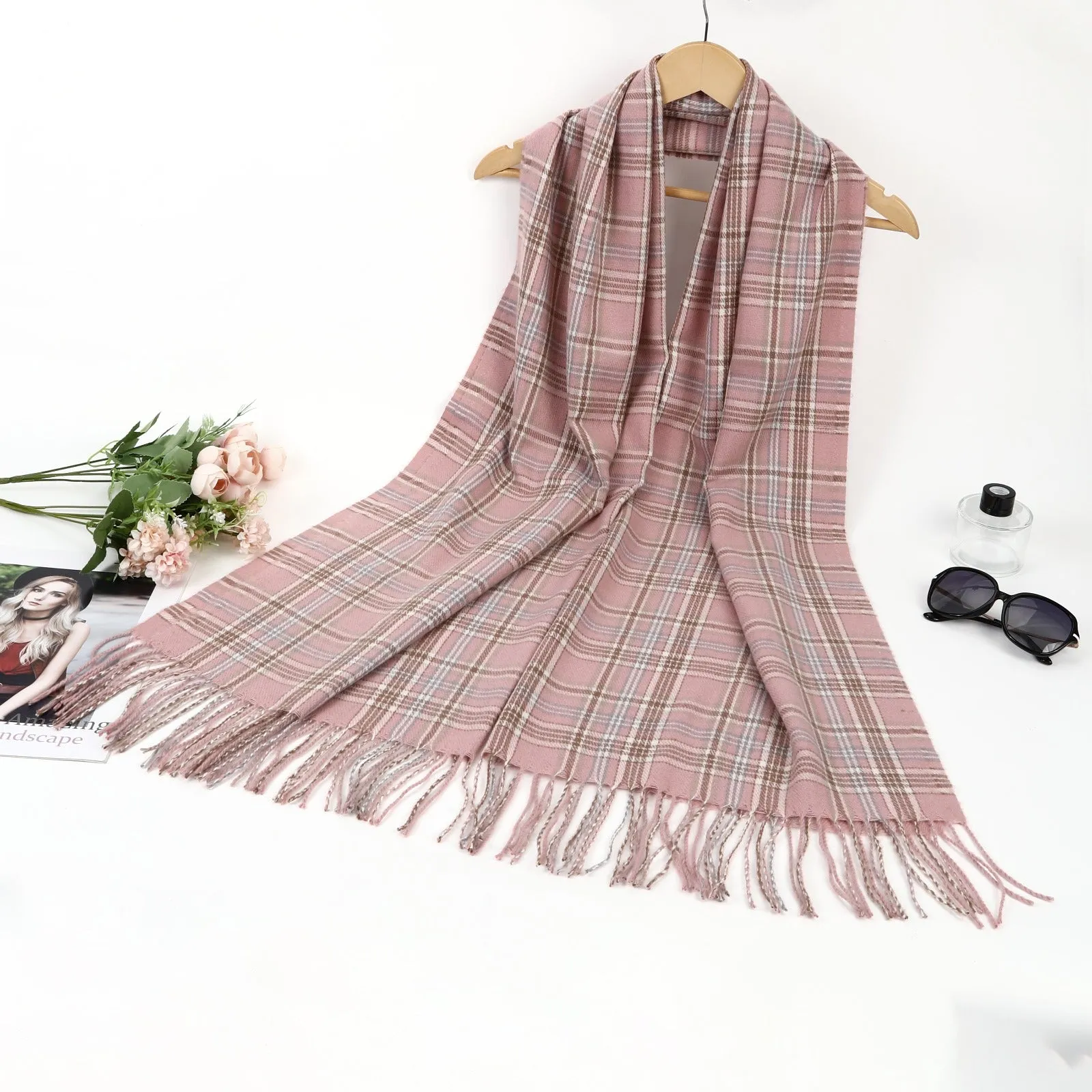 New Women Small Check Prints Winter Warm Viscose Fashion Scarf