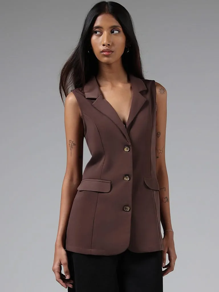 Nuon Solid Brown Sleeveless Blazer