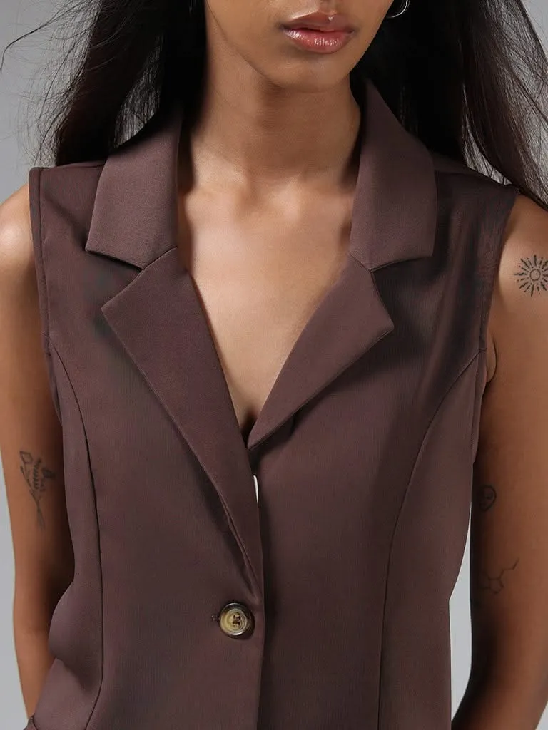 Nuon Solid Brown Sleeveless Blazer