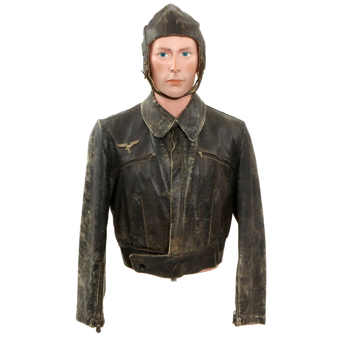 Original WWII German Luftwaffe Leather Flight Jacket with Leather Flight Helmet