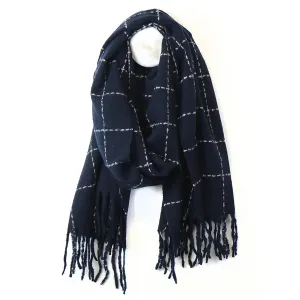 POM One Size Dark Navy Stitch Check Scarf