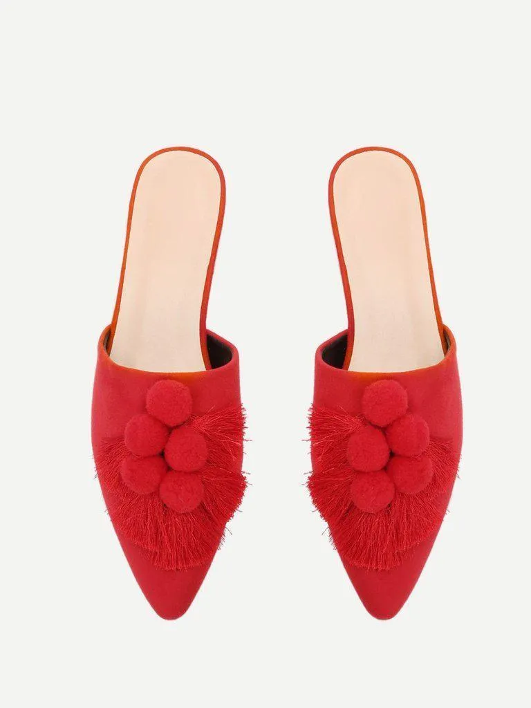 Pom Pom & Tassel Front Flat Mules