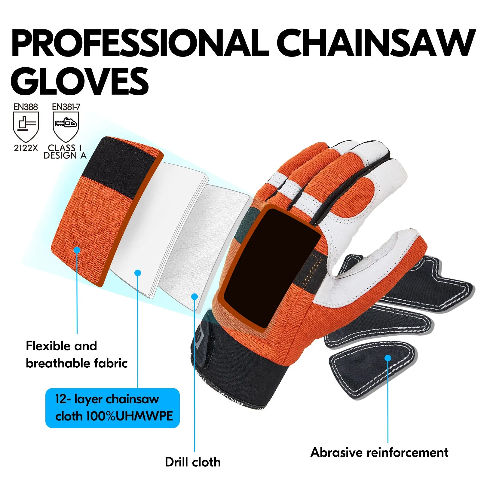 VGO 1 Pair Chainsaw Gloves with Protection on Left Hand Back12-Layer Chainsaw Protection, Safety leather Work Gloves, Mechanic Gloves(GA8912)