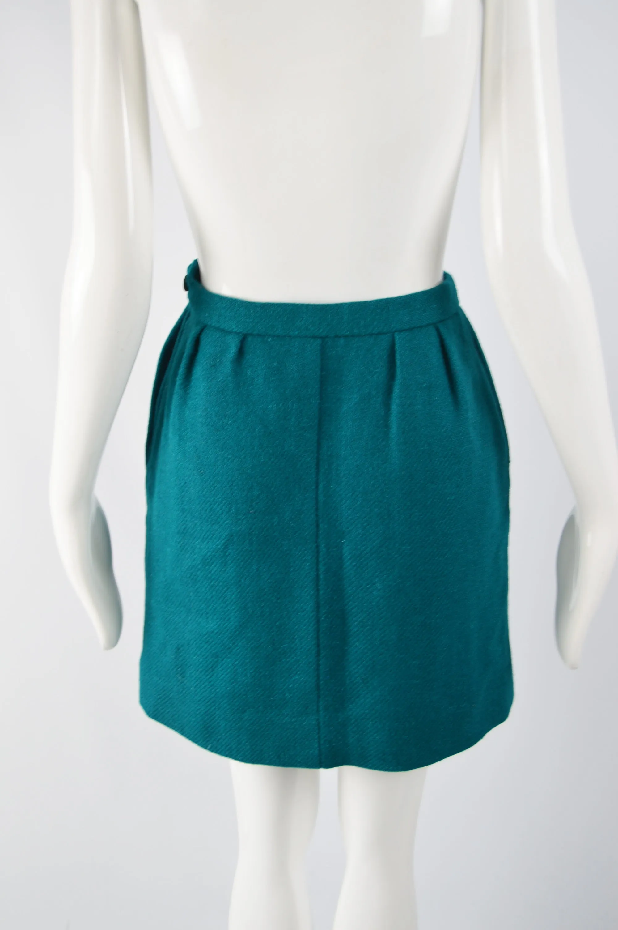 Vintage Womens Teal Wool & Leather Skirt Suit, 1980s