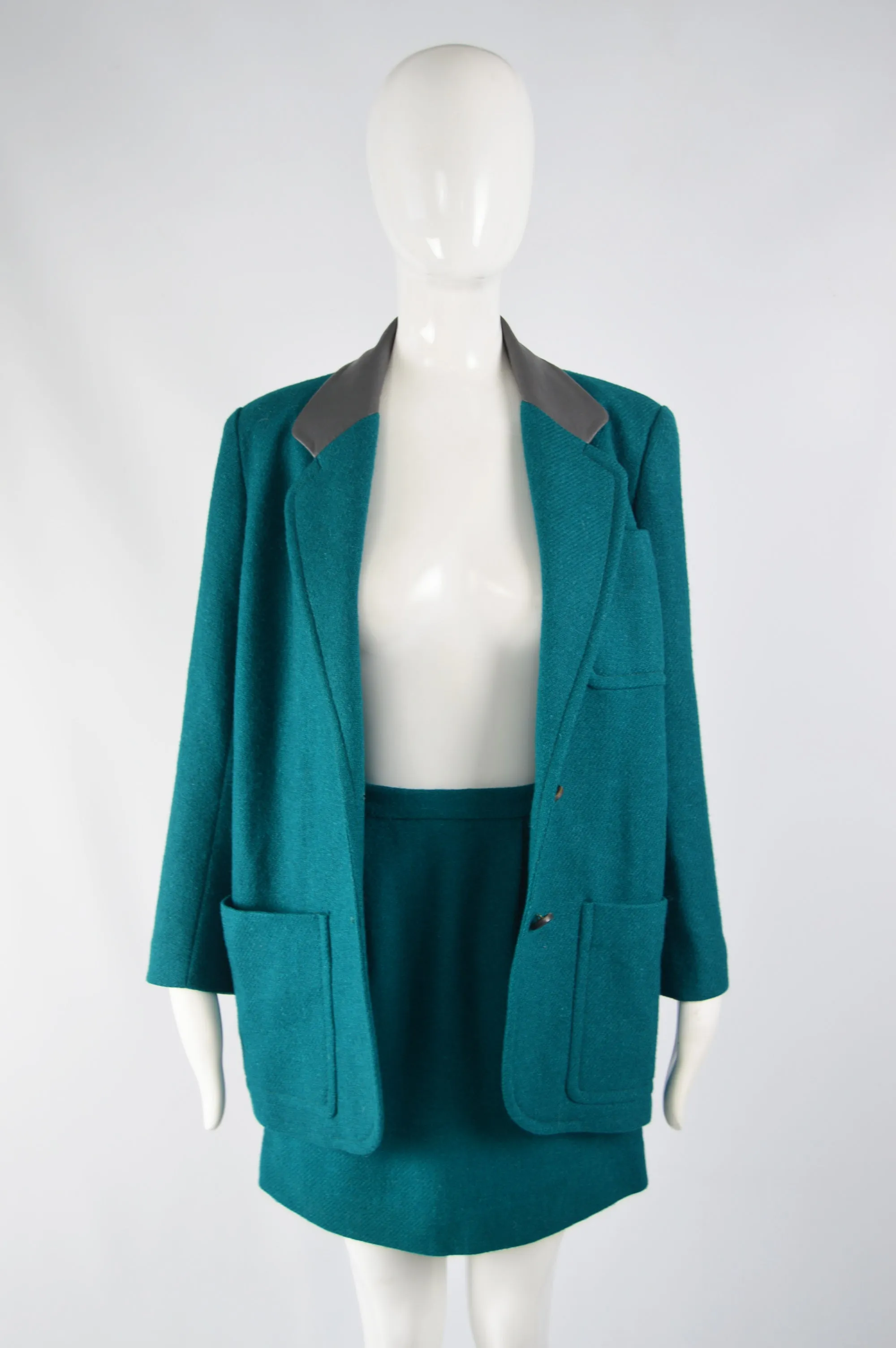 Vintage Womens Teal Wool & Leather Skirt Suit, 1980s