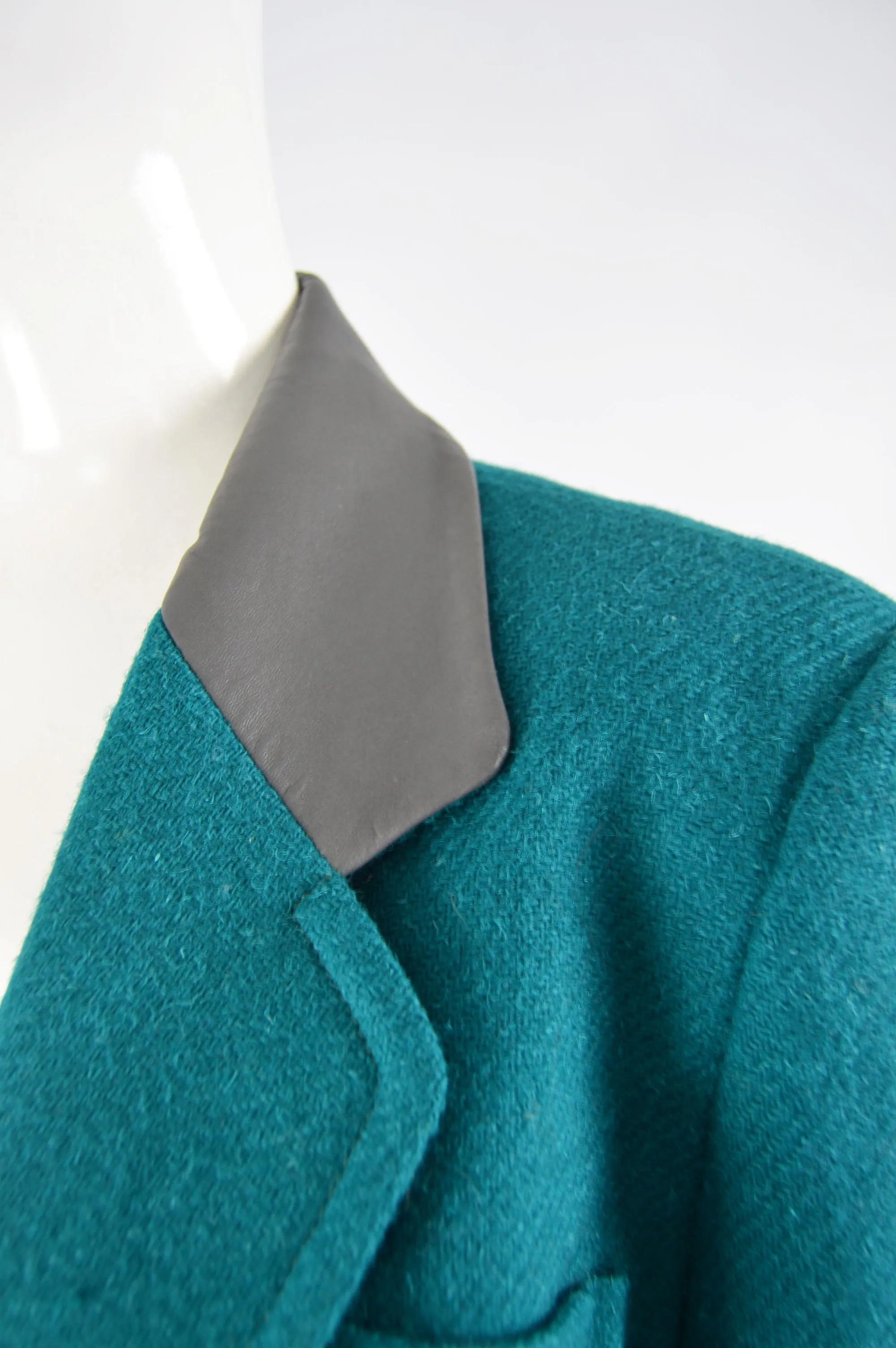 Vintage Womens Teal Wool & Leather Skirt Suit, 1980s