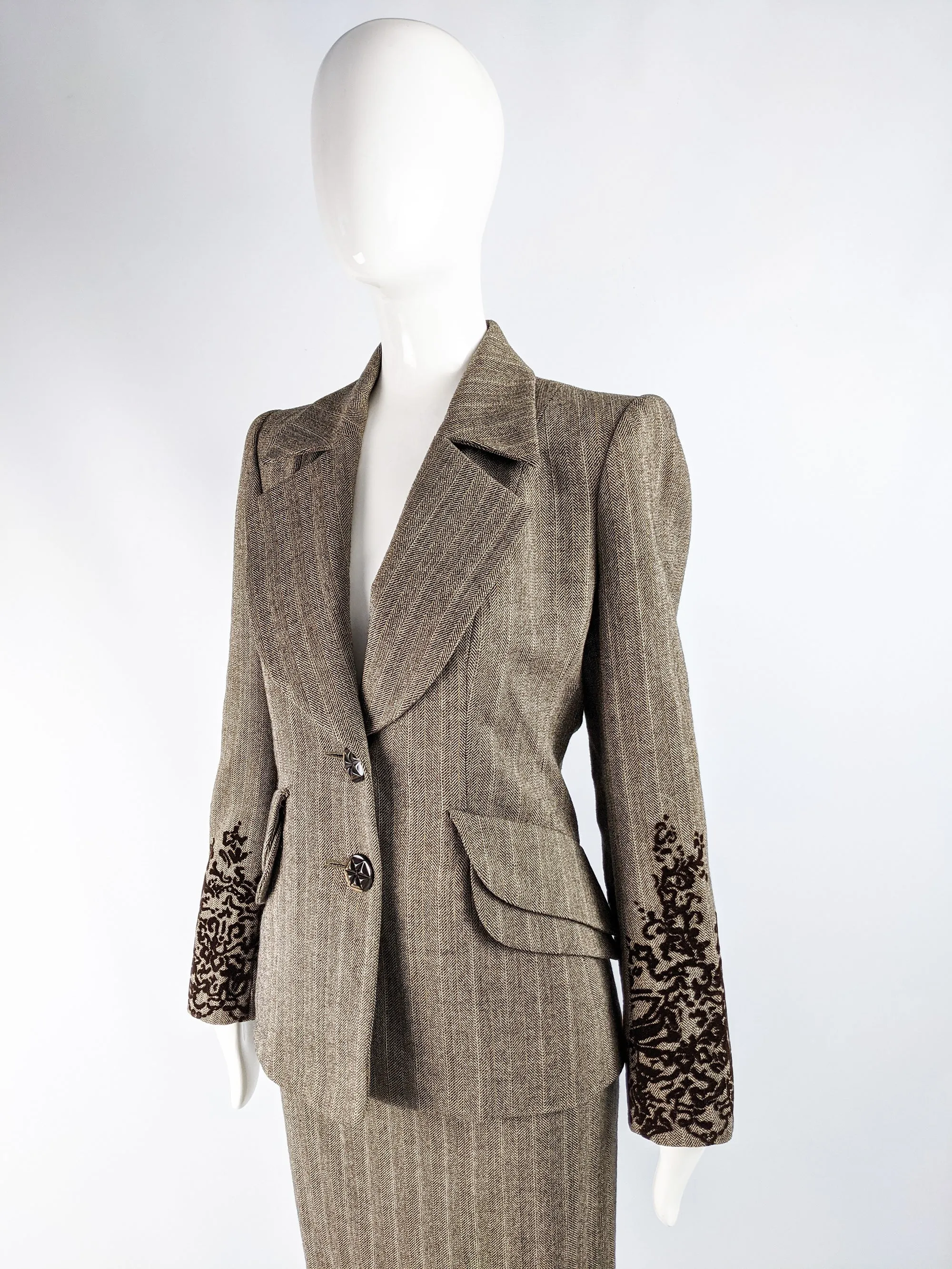 Vintage Womens Tweed & Flocked Velvet Skirt Suit, 1990s