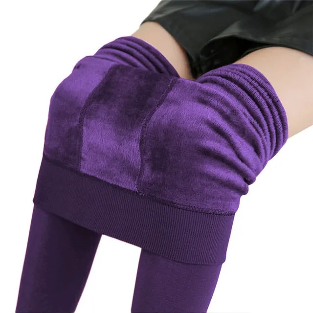 Winter Women Warm Solid Color Velvet High Waist Leggings Stretchy Leggings