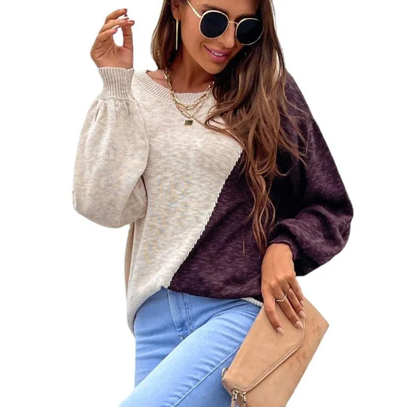 Women's sweater irregular color matching off-shoulder sweater