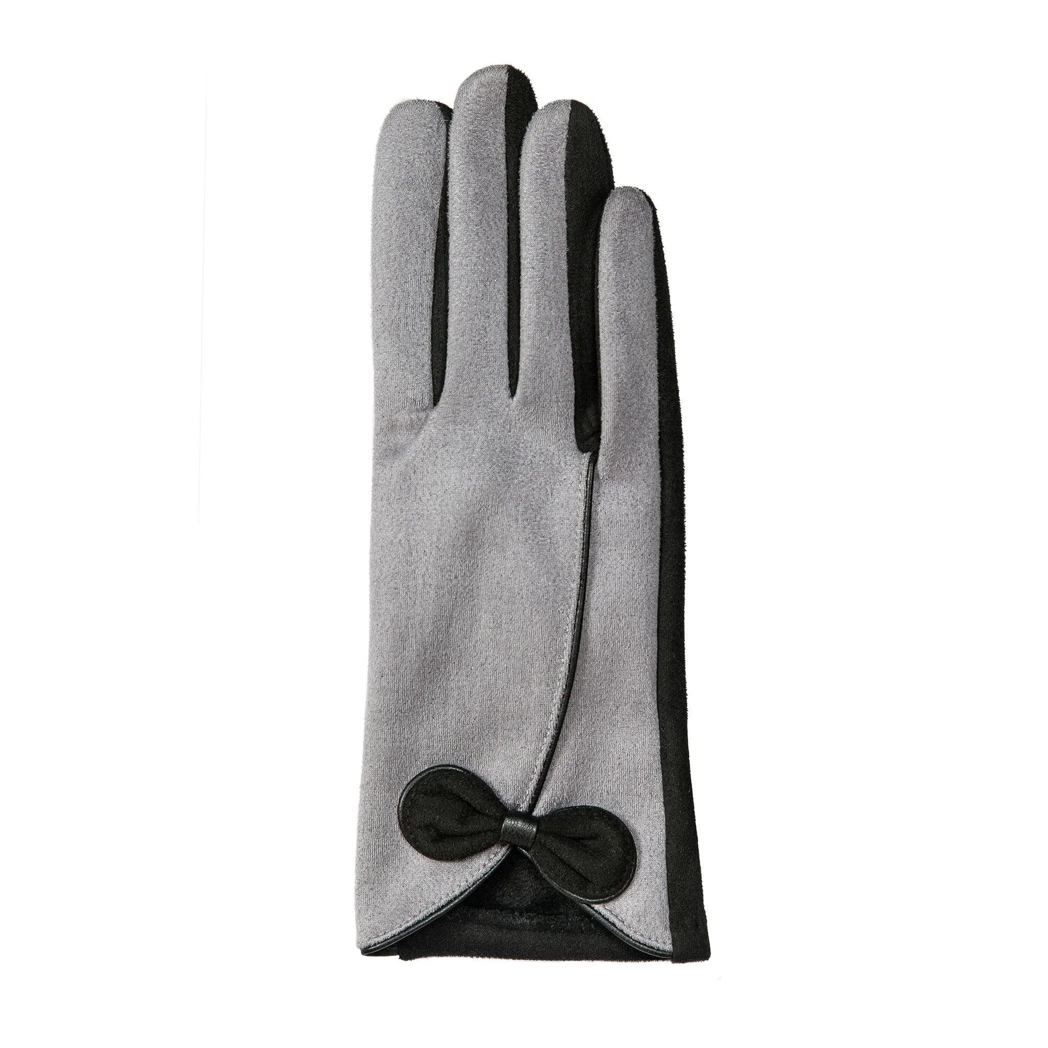 Women’s Touchscreen Velour-Lined Faux Suede Gloves with Contrast Trim and Bow