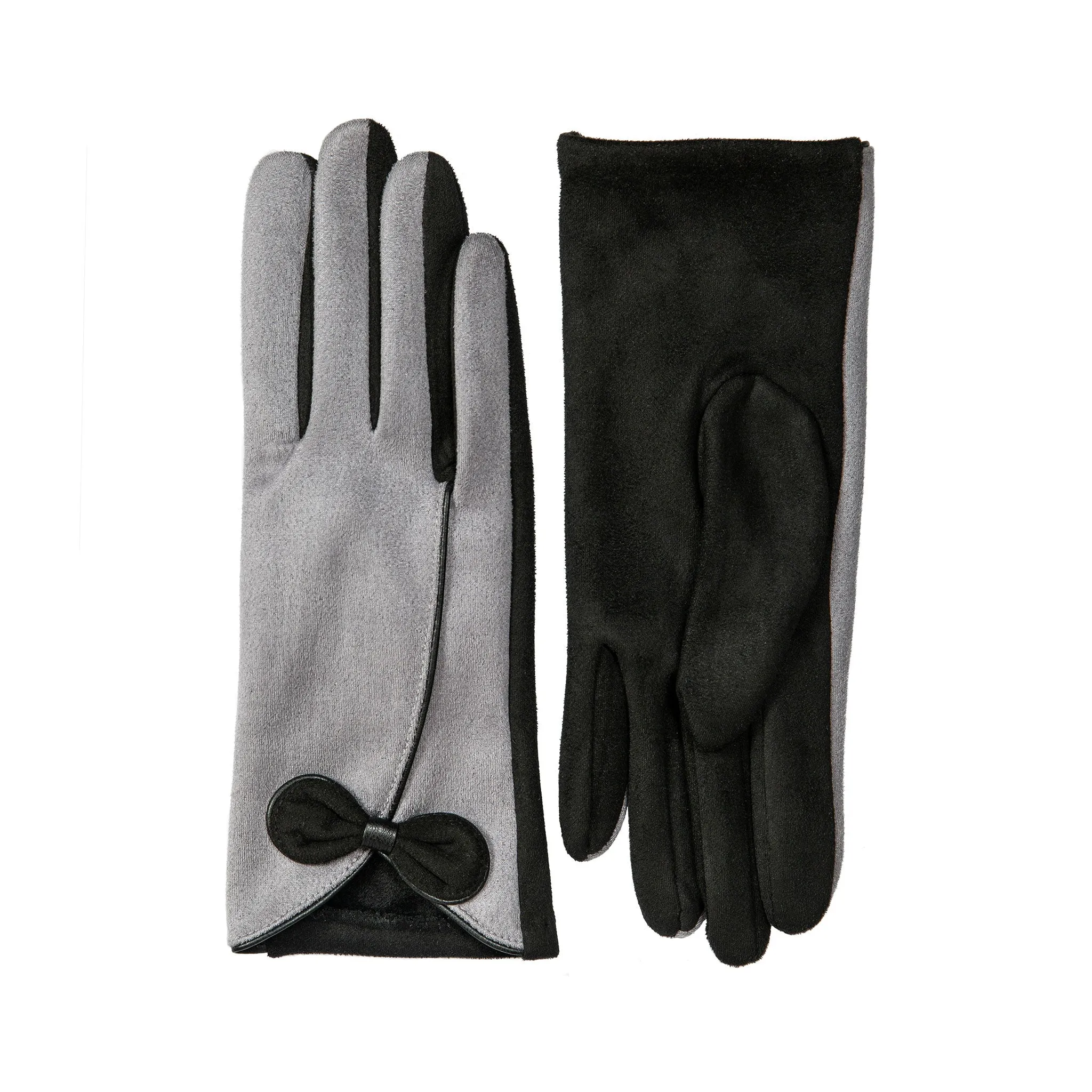 Women’s Touchscreen Velour-Lined Faux Suede Gloves with Contrast Trim and Bow