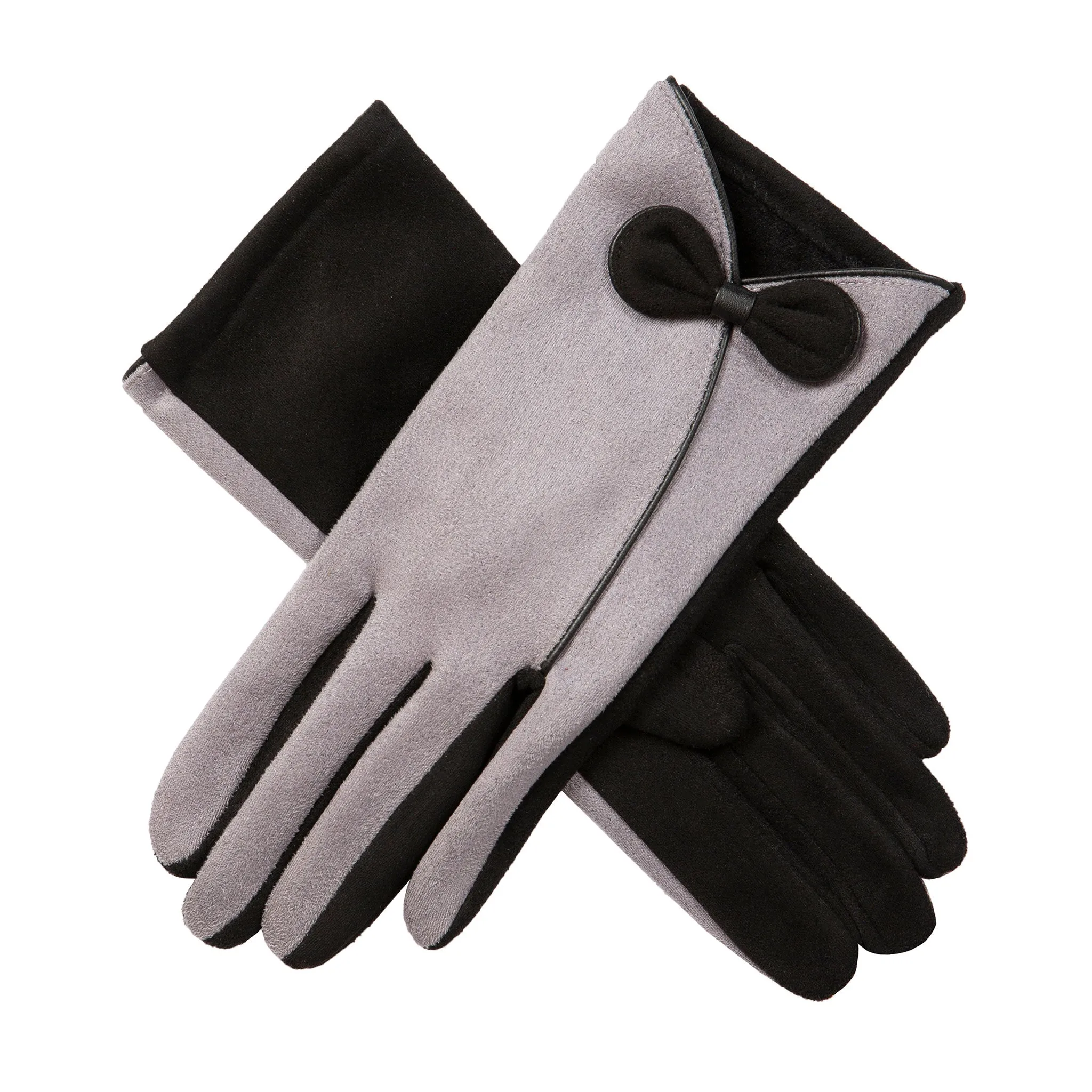 Women’s Touchscreen Velour-Lined Faux Suede Gloves with Contrast Trim and Bow